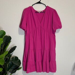 Boden Vibrant Pink Textured 100% cotton tiered dress with puff sleeves size 16